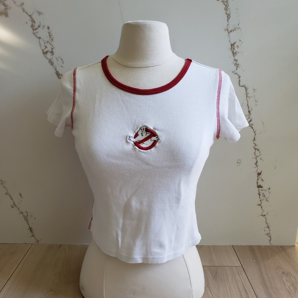 Brandy Melville Crop Top Womens XS White Ghostbuster Red Stitch Y2K Baby Tee